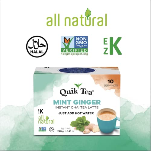 QuikTea Mint Ginger Chai Tea Latte Powder - 10 Count Single Box - All Natural & Preservative Free Instant Chai Tea Mix - Just Ad