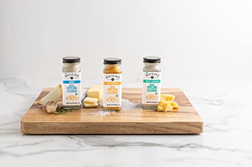 Watkins Popcorn Seasoning Variety Pack - 3 Flavors (White Cheddar, Butter/Salt, Ranch) - 4.07 oz Total - Perfect for Movie Nights!