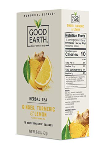 Good Earth Sensorial Blend Flavored Herbal Tea Ginger, Turmeric and Lemon, No Artificial Color, No Preservatives, 15 Bag (Pack o