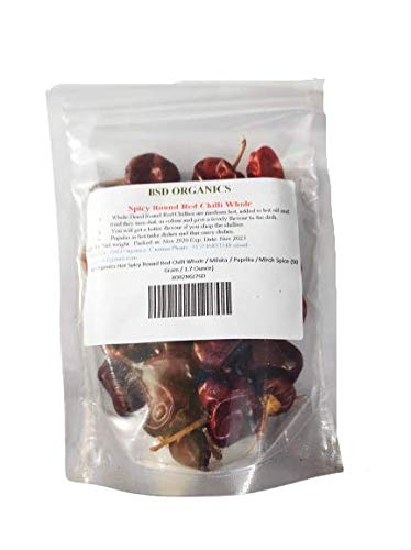 BSD Organics Hot Spicy Round Red Chilli Whole/Milaka/Paprika/Mirch Spice (50 Gram / 1.7 Ounce)