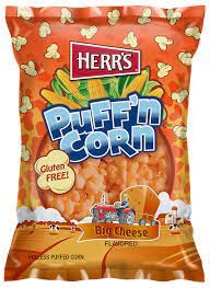 Herrs Cheesy Hulless Puffn Corn, 4.5 Ounce (Pack of 12 Bags) - Light, Cheesy Puffed Corn with No Hulls - Great for Mess-Free S