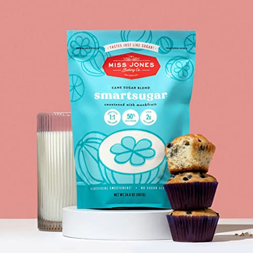 Miss Jones Baking SmartSugar Cane Sugar Blend with Monkfruit - 24 oz Healthy 1:1 Sugar Substitute, 50% Less Sugar, Gluten Free