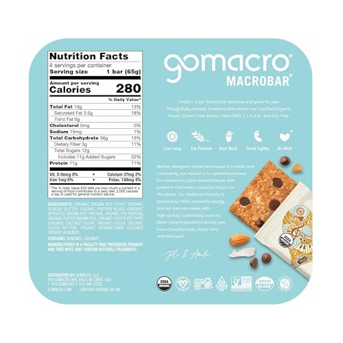 GOMACRO Organic Coconut Almond Butter Chocolate Chip Bars 4 Count, 2.3 OZ