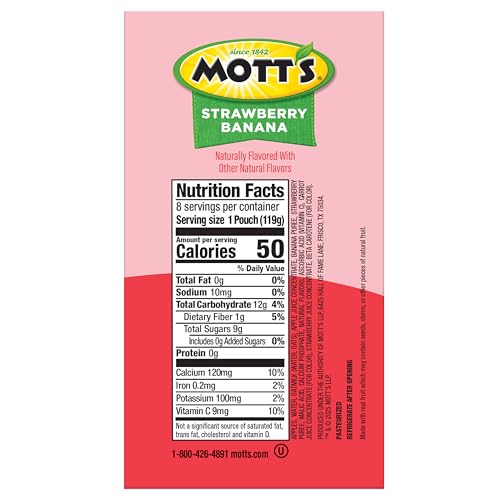 Motts Fruit Smoothies Strawberry Banana, 4.2 oz clear pouches, 8 Pack, Non-dairy, Made With Oatmilk, Made With Real Fruit, Good