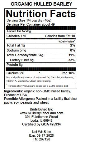 Hulled Barley 5 Pounds (dehulled) USDA Certified Organic Non-GMO Bulk, Product of USA, Mulberry Lane Farms