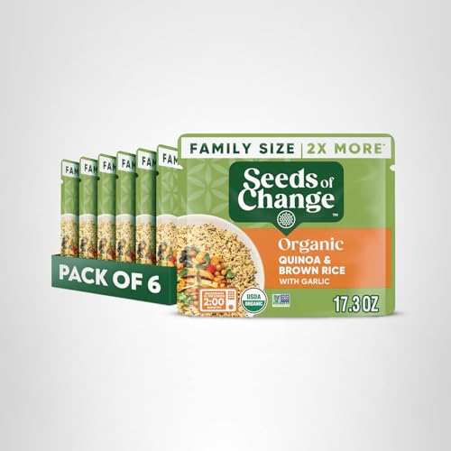 SEEDS OF CHANGE Organic Quinoa & Brown Rice with Garlic Family Size, Organic Food, 17.3 oz Pouch (Pack of 6)