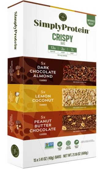 Simply Protein Crispy Bars Variety Pack, 15 Count - 5 Dark Chocolate Almond, 5 Lemon Coconut, 5 Peanut Butter Chocolate, 21.16 oz