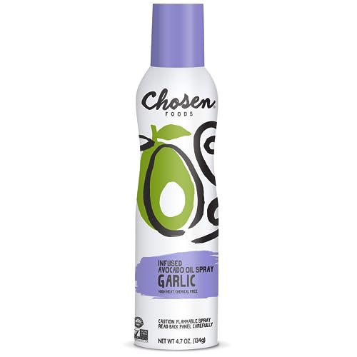 Chosen Foods Garlic Infused Avocado Oil Spray, Kosher Cooking Spray For Baking, High-Heat Cooking, Frying (4.7 Oz)