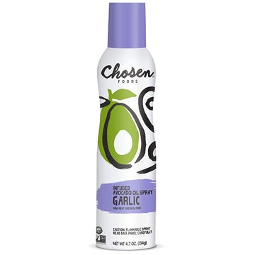 Chosen Foods Garlic Infused Avocado Oil Spray, Kosher Cooking Spray For Baking, High-Heat Cooking, Frying (4.7 Oz)