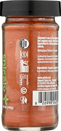 Spicely Organic Cayenne Pepper Powder, 1.6 Ounce Jar, Certified Gluten Free, Spicy Seasoning for Cooking and Baking