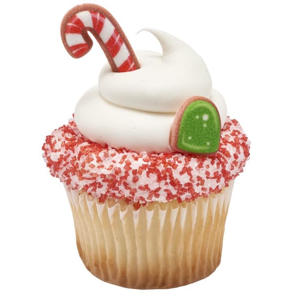 Red, Green, And Pink Lollipop, Candy Cane, Gum Drop Shape Edible Sugar Cake Toppers, 12 Count