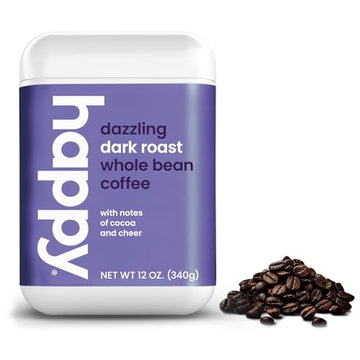 Happy Coffee Dark Roast Whole Bean Coffee, 12 Oz., Notes Of Cocoa & Cheer, Recyclable Container, Grown & Harvested In Rwanda, Colombia & Brazil