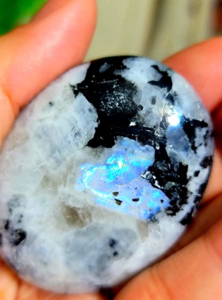 Rainbow Moonstone Large Palm Stone - Pocket Massage Worry Stone For Natural Body Chakra Balancing, Reiki Healing And Crystal Gri