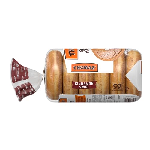 Thomas Cinnamon Swirl Bagels  6 count  (3.33 oz each)  10g Protein  Kosher Cinnamon Bagels  20 oz Bag