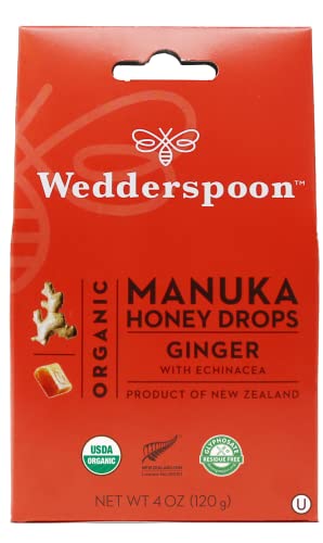 Wedderspoon Organic Manuka Honey Drops, Ginger & Echinacea, 20 Count (Pack Of 1) | Genuine New Zealand Honey | Perfect Remedy Fo
