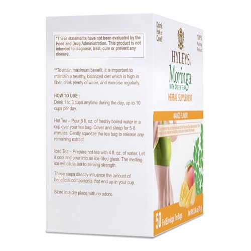 Hyleys Moringa Oleifera and Green Tea Mango Flavor - 50 Tea Bags - Superfood  Tree Tea with Dried Moringa Oleifera Leaves
