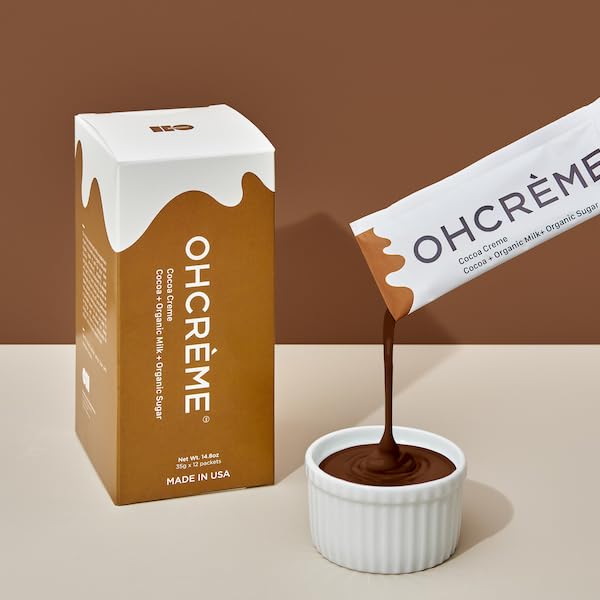 OHCRME Cocoa Creme - All-natural, premium cocoa sweetened condensed milk, single-serve pouch, real milk and sugar, 12 pack