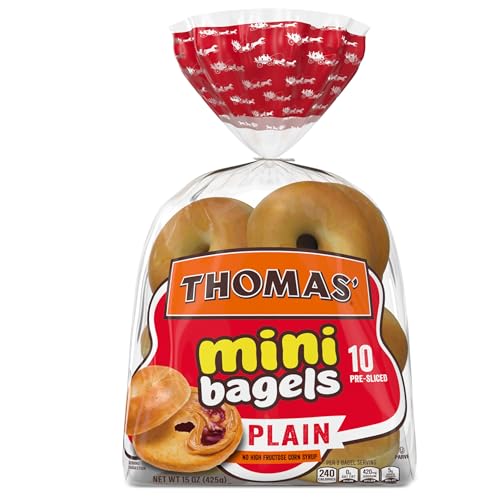 Thomas Plain Mini Bagels, 10 Pre-Sliced Mini Bagels with No High Fructose Corn Syrup, 15 Oz Bag