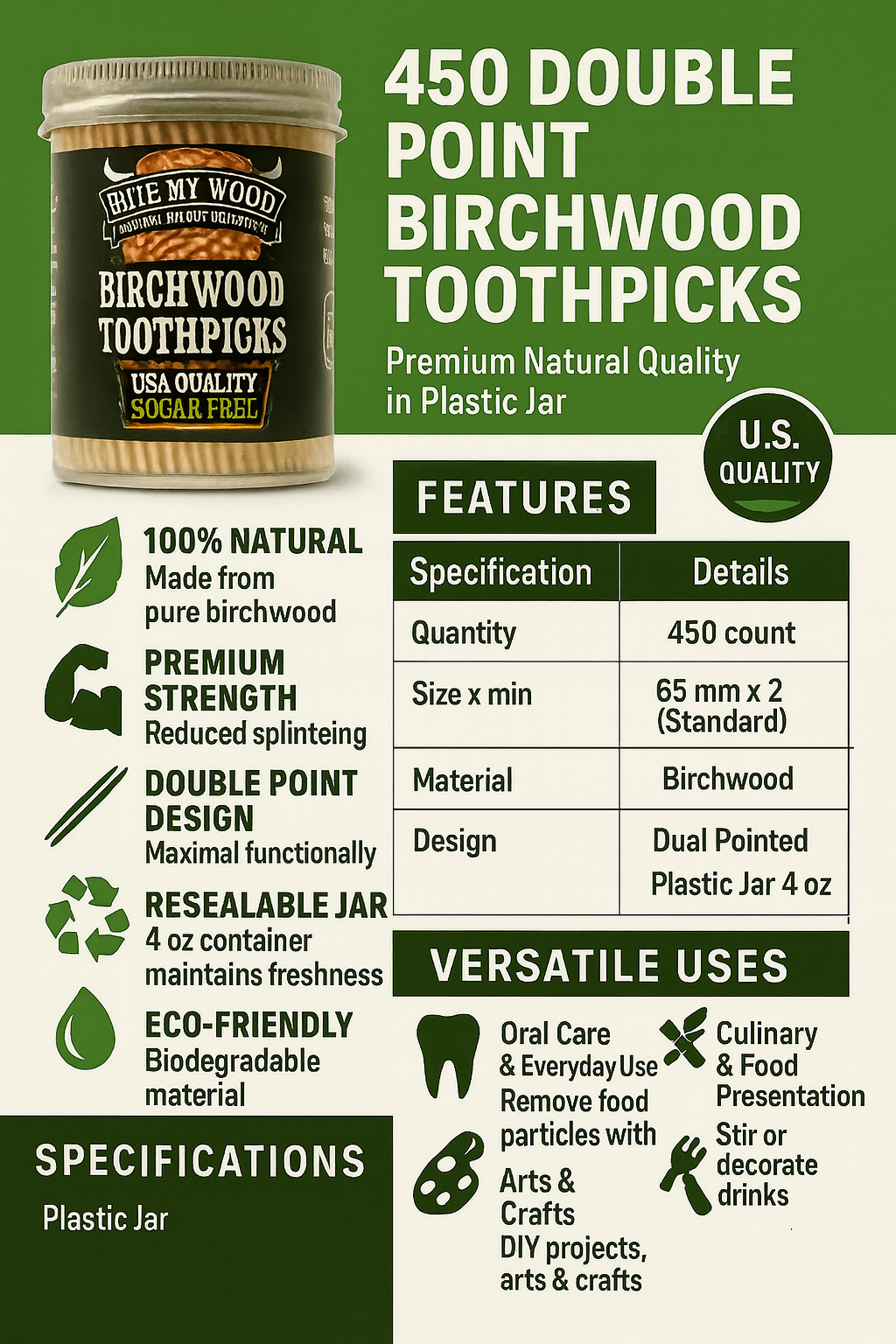 450 Qty BiteMyWood Unflavored Double Point Birchwood Toothpicks DP1 in Reusable Plastic Jar - USA Made