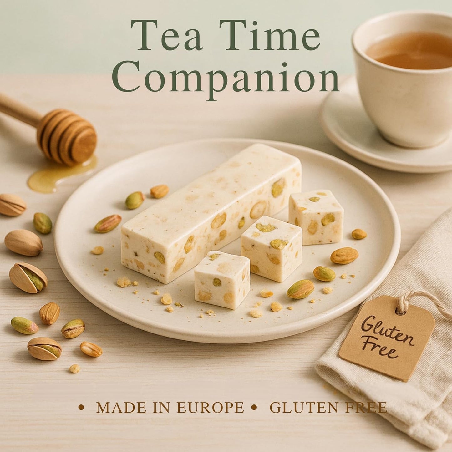Andy Anand Gluten Free Roasted Pistachios Nougat Brittle – European Soft Nougat with Wildflower Honey & Roasted Nuts, 7 Oz