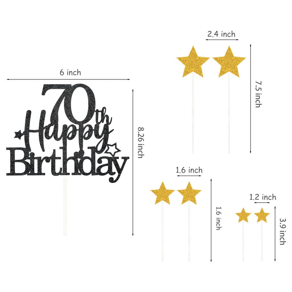 Pargleev Glittery 70th Birthday Cake Topper, Personalised Decorations, Black Gold, Paper