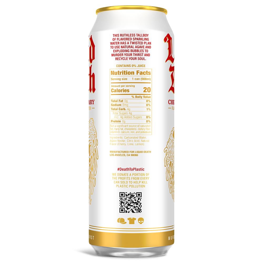 Liquid Death, Cherry Obituary Sparkling Water, 8-Pack (King Size 19.2Oz Cans), Cherry Flavored Sparkling Beverage Sweetened With