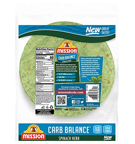 Mission Carb Balance Spinach Herb Tortilla Wraps 8" 2/8 Count (16 Tortillas)