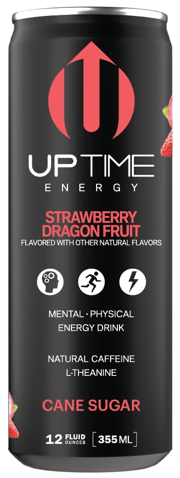 UPTIME Energy Drink, Strawberry Dragon Fruit, 12 Pack, 142mg Natural Caffeine, Vitamin C, Focus Support, 12 fl oz Cans