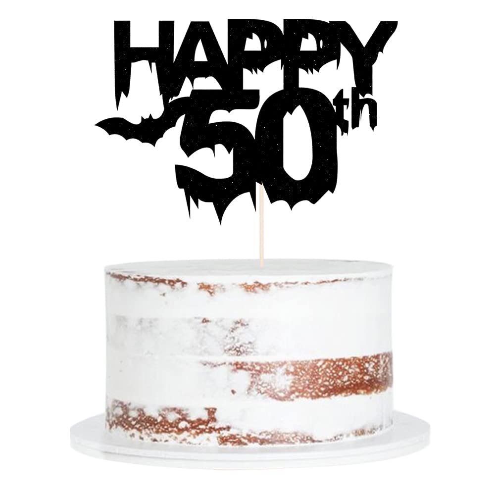 Qertesl Black Glitter Happy 50 Cake Topper, Happy 50Th Birthday Cake Decoration, Bat Halloween 50Th Birthday Party Cake Decorati