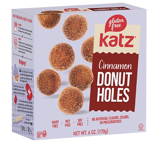Katz Gluten Free Snacks Donut Holes Variety Pack: Powdered, Glazed, Glazed Chocolate, and Cinnamon. Free of Dairy, Soy, Tree Nut