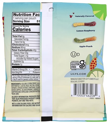 LILYS No Sugar Added Sour Gummy Worms Tart n Tasty Fruit Flavors Peg Bag, 1.8 oz