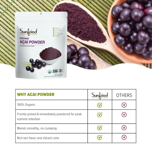 Sunfood Superfoods Organic Acai Powder - Acai Powder Organic, Acai Powder for Smoothie Bowles, Dried Acai Berry Mix with Antioxi