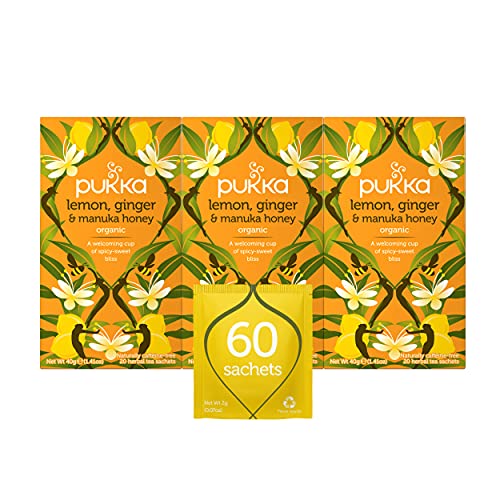 Pukka Organic Herbal Tea Bags, Lemon, Ginger & Manuka Honey, 60 Count (3 Packs)