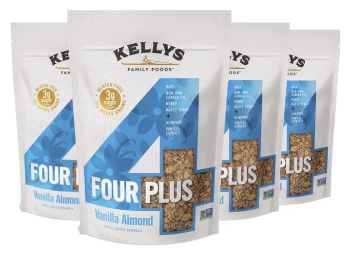 Kellys Four Plus Granola Cereal, Vanilla Almond, Non-GMO, Low Sugar, Gluten Free, 12oz (Pack of 4)