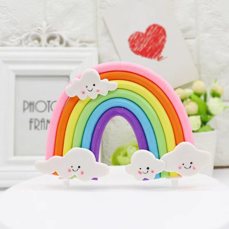 Rainbow Cloud Cake Topper, Colorful Rainbow Soft Pottery Cake Cupcake Topper Happy Birthday Decorations Cake Toppers Party Props