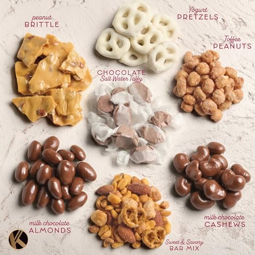 KREMERY Creamy Chocolate Cravings - Valentines Day Chocolate Covered Pretzels & Nuts Gift Basket, in Reusable Round Wooden Tray