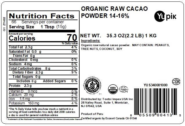 Yupik Organic Raw Cacao Powder, 2.2 lb (35.2 oz), Gluten-Free, GMO-Free, Kosher, Vegan, Dairy-Free, No Added Sugar, Made from Ra
