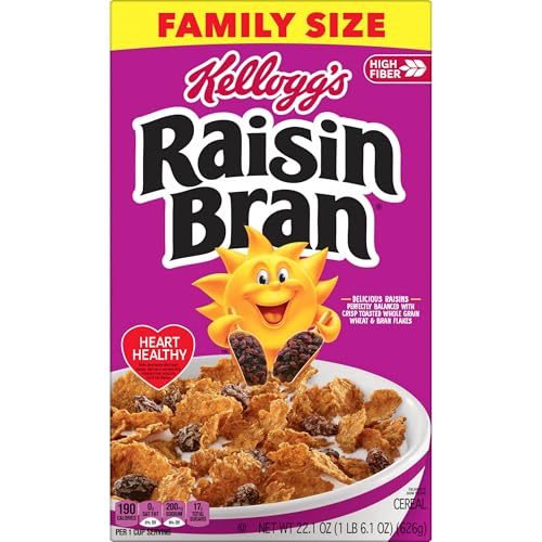 Kelloggs Raisin Bran Breakfast Cereal  High Fiber  28g Whole Grain  Family Size  22.1 oz