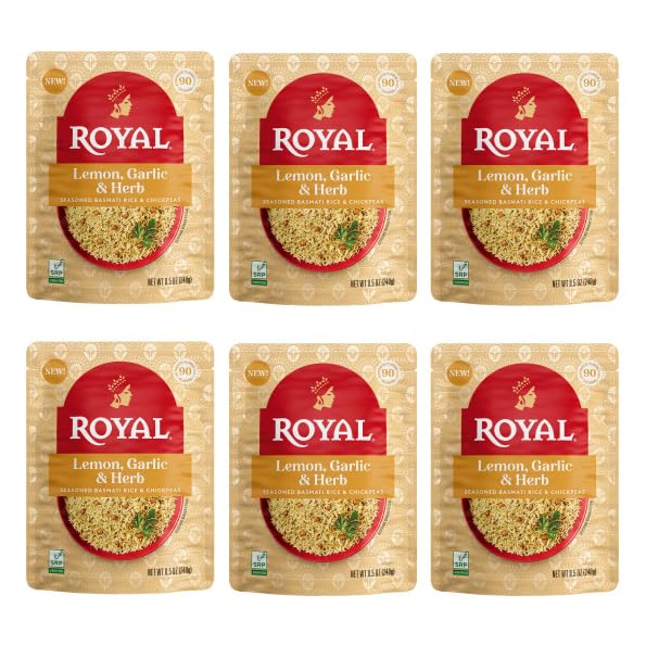 Royal Lemon, Garlic, and Herb Basmati White Rice and Chickpeas - Ready to Heat Basmati Rice - (6 Pack) 8.5 oz Microwaveable Pouc