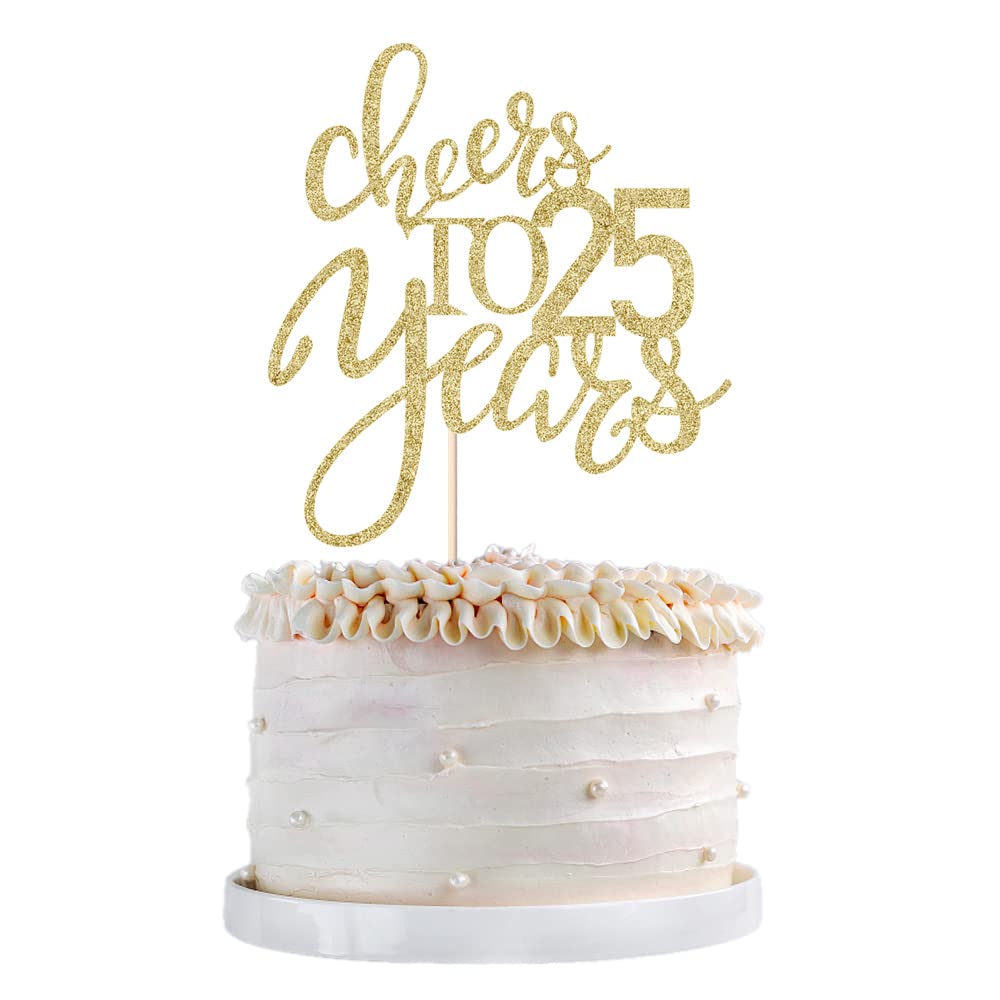 Qertesl Gold Glitter Cheers To 25 Years Cake Topper, Happy 25Th Birthday Cake Decorations,Perfect For 25 Years Cake Decorating,W