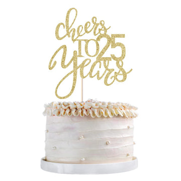 Qertesl Gold Glitter Cheers To 25 Years Cake Topper, Happy 25Th Birthday Cake Decorations,Perfect For 25 Years Cake Decorating,W