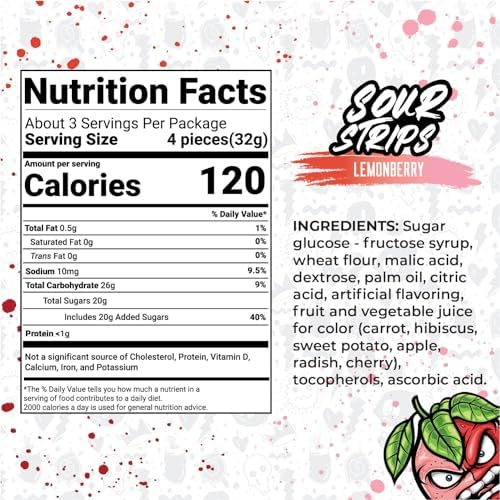 Sour Strips Sour Candy Belts, Lemonberry, Resealable Candy Bags, 3.4 Ounce (Pack of 3)
