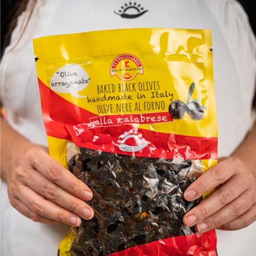TUTTOCALABRIA Baked Oven Roasted Black Olives with Pits, Semi Dried Black Olives, 460 gm (16.22 oz), Olives al Forno, Handmade i