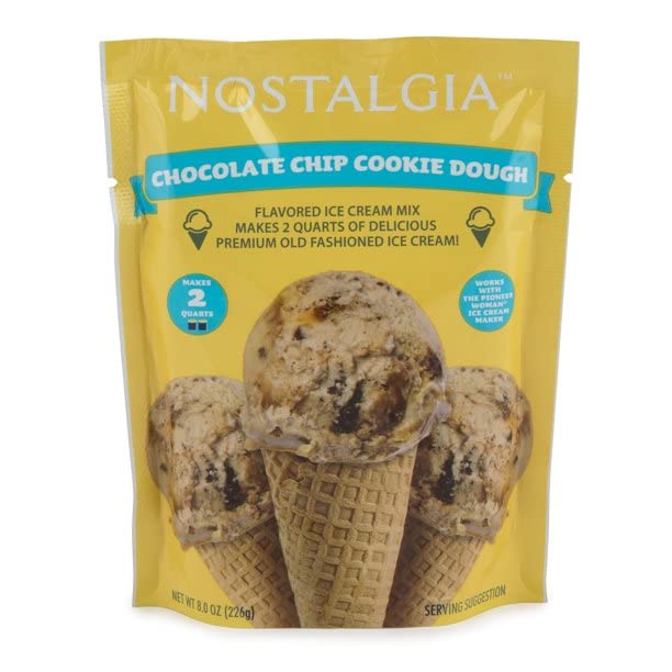Nostalgia Ice Cream Mix. Vanilla Creme, Creamy Chocolate, Sweet Strawberry And Chocolate Chips Cookie Dough. Each Pocket Of 8 Oz