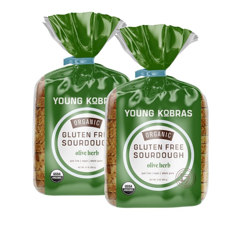 Young Kobras Organic, Gluten-Free Olive Herb Sourdough Bread 22oz (2-pack) - Allergen Friendly, Vegan, Gum-Free, Simple Ingredie
