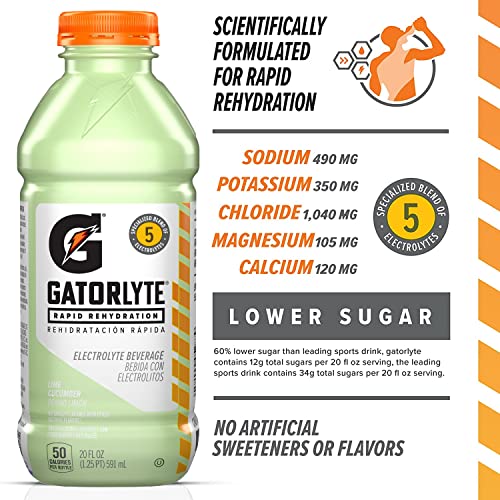 Gatorlyte Rapid Rehydration Electrolyte Beverage, Lime Cucumber, 20Oz Bottles (12 Pack)