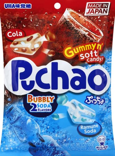 UHA Mikakuto Puchao Soft Candy with Gummy Bits, Cola and Ramune Soda Flavors, 3.53 oz (Pack of 6)