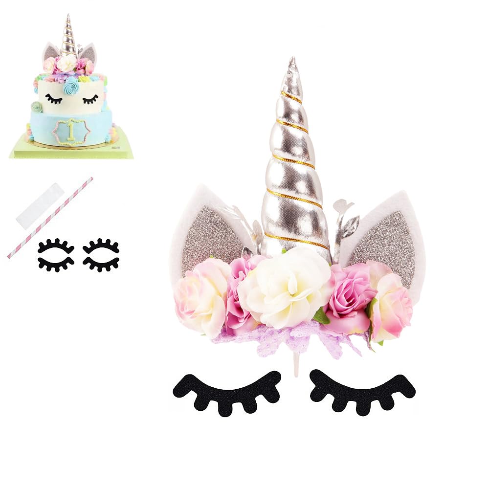 Nishine Rose Floral Unicorn Cake Topper - Silver & Ivory Paper Decoration for Birthday Parties