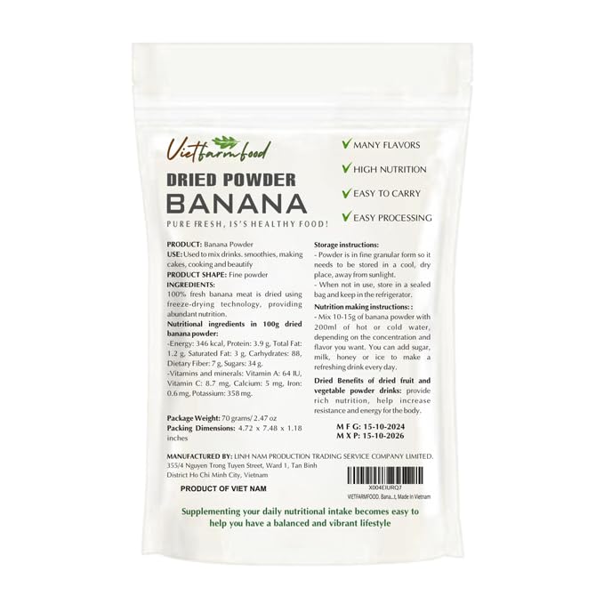 Banana Powder 2.47 Oz (70G) Vietfarmfood: Freeze-Dried Extracted From 100% Pure, Sugar-Free. Used To Mix Mixed Drinks Fresh Frui