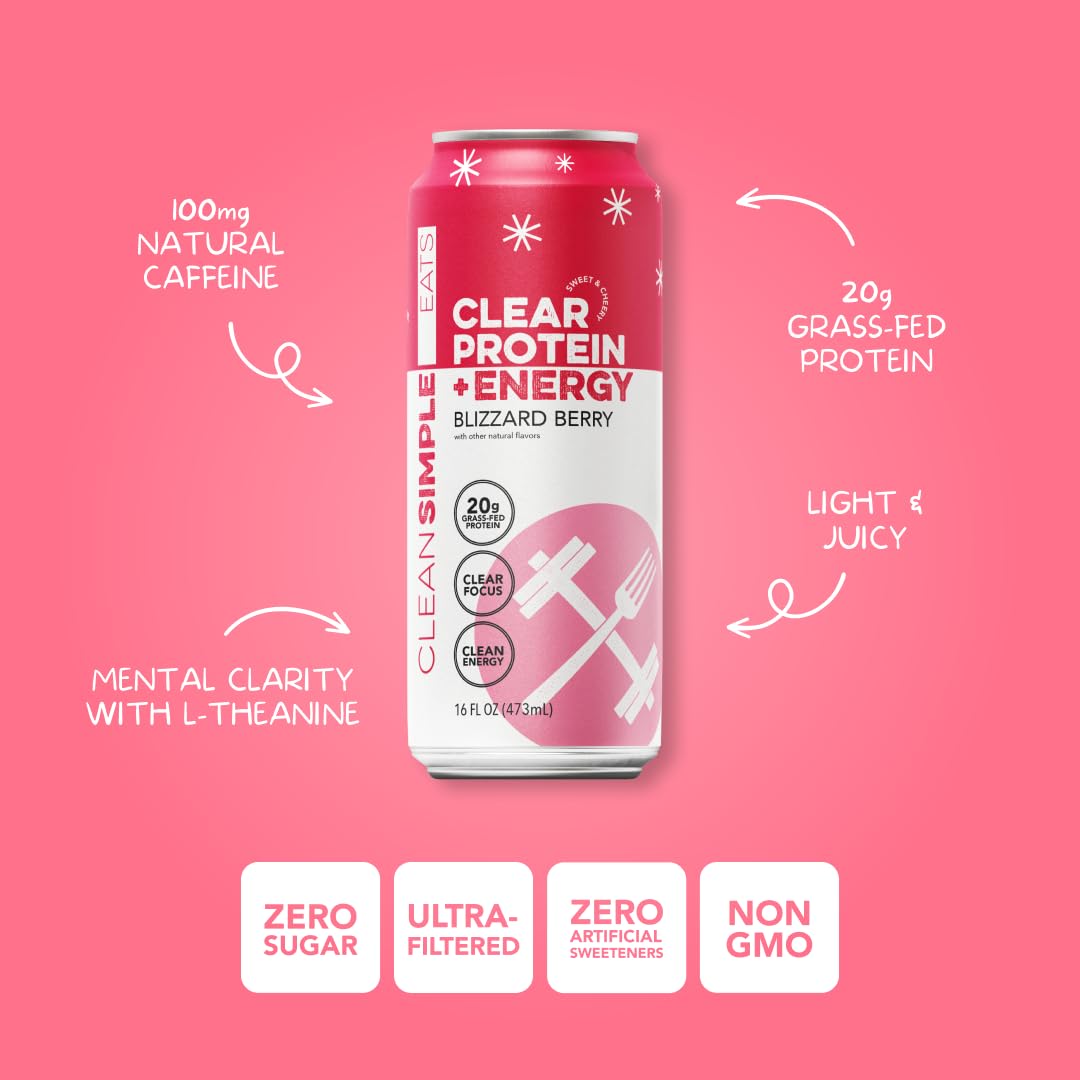 Clean Simple Eats Clear Protein + Energy Drink  20G Grass Fed Whey Protein Isolate  100MG Natural Caffeine  L Theanine & Cognatiq  No Artificial Ingredients  Blizzard Berry Flavor  16 Oz Cans  12 Pack